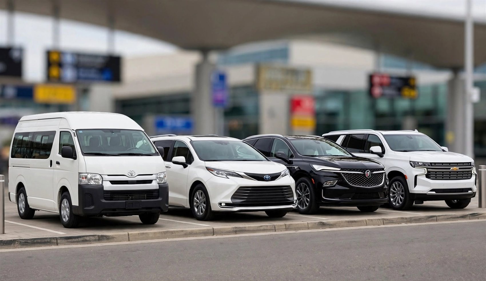Flota completa de Comfort & Safety Transport: Toyota Hiace, Toyota Sienna, Buick y Chevrolet Suburban frente al aeropuerto de Cancún