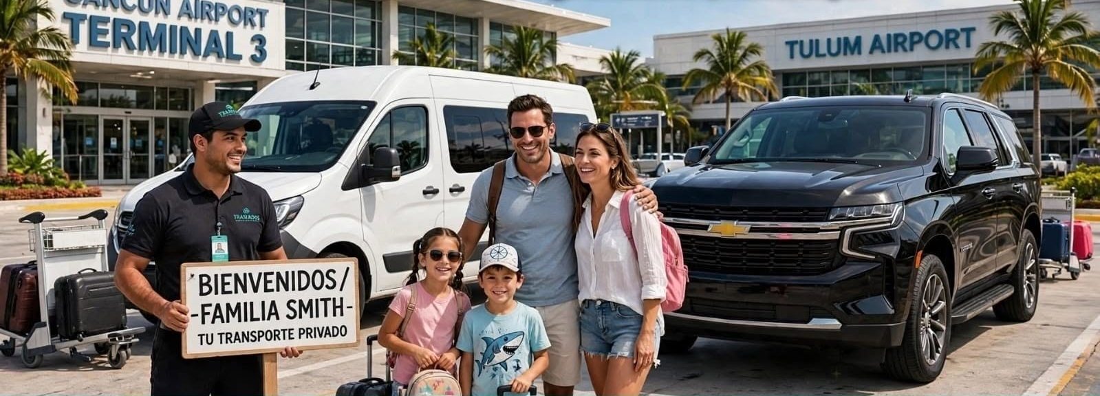 Chofer de Comfort & Safety Transport recibiendo a una familia en el aeropuerto de Cancún junto a una van privada y una SUV Suburban negra