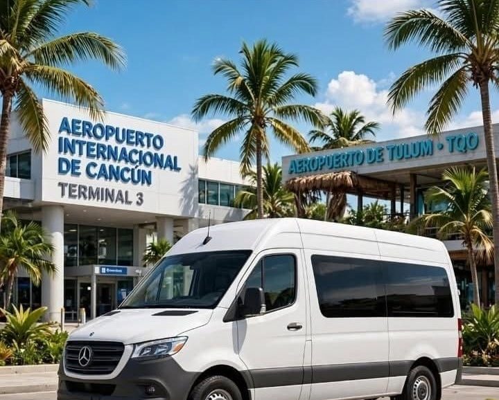 Van Mercedes-Benz Sprinter blanca frente al aeropuerto de Cancún